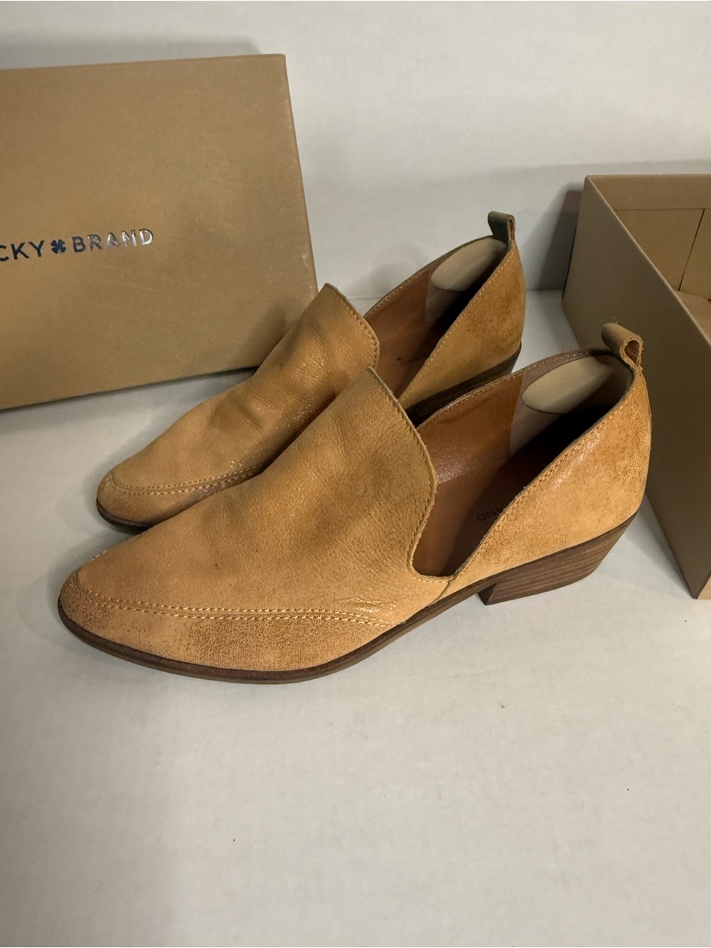 Lucky Brand Mahzan 9 1/2 Tan Suede Slip-On Loafers with Low Heel